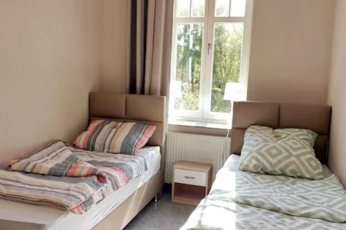 two beds in a room with a window at Schöne Ferienwohnung im Münsterland in Dülmen