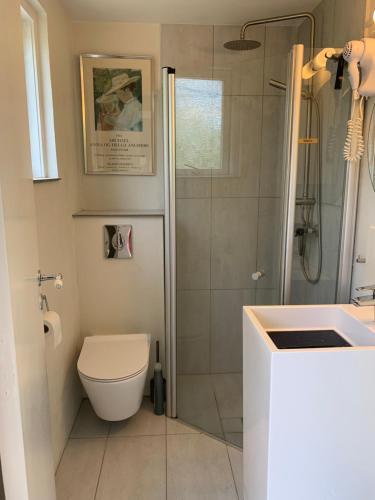 a bathroom with a shower and a toilet and a sink at JJ Guesthouse Studio 37 in Skagen