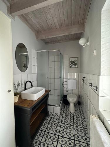 a bathroom with a sink and a tub and a toilet at Samsara - Prawdziwa Agroturystyka in Łukta