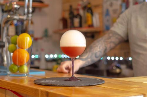 a hard boiled egg in a wine glass on a counter at Molesworth Arms in Wadebridge