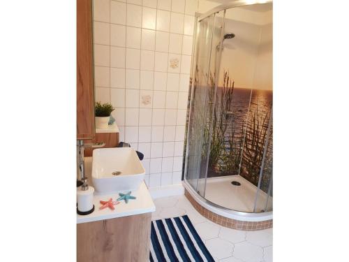 a bathroom with a sink and a shower at Ferienhaus zum Sonnenblick in Kröpelin