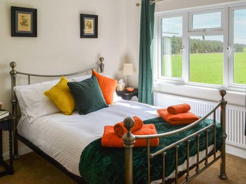 Schlafzimmer mit einem Bett mit bunten Kissen und einem Fenster in der Unterkunft Low Chibburn Farm Cottage in Hadston