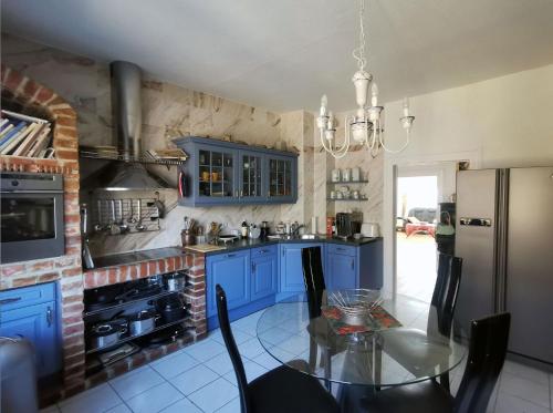 Apartment in Villa Rochlitz في Rochlitz: مطبخ مع دواليب زرقاء وطاولة وثلاجة