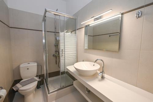 uma casa de banho com um WC, um lavatório e um chuveiro em Santamare Studio em Ayios Sostis
