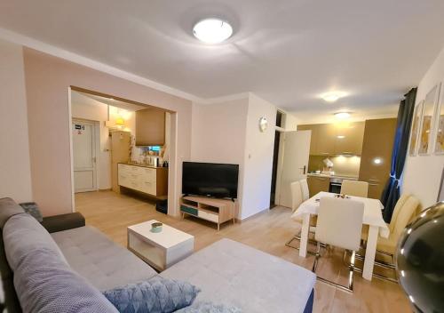 een woonkamer met een bank en een tafel bij Agape Apartment in Novi Vinodolski