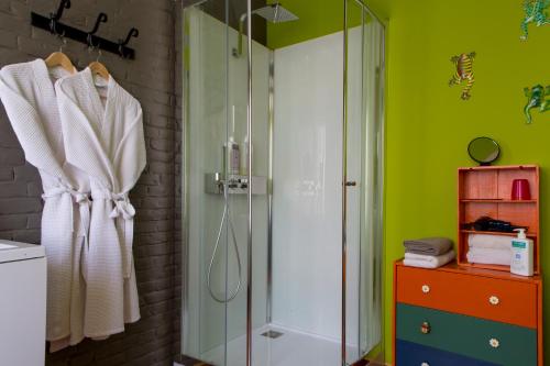 uma casa de banho com um chuveiro e uma cabina de duche em vidro. em Les Greniers de Madelgaire em Soignies