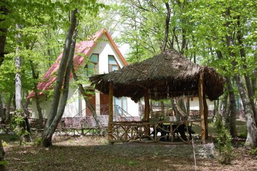 a house with a straw hut in the woods at Arena Hotel Gusar in Qusar
