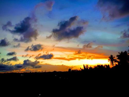 a sunset with palm trees and a cloudy sky at Holi-Wood Guesthouse in Puducherry