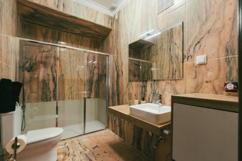 a bathroom with a toilet and a sink and a shower at Quinta da Costinha in Alijó