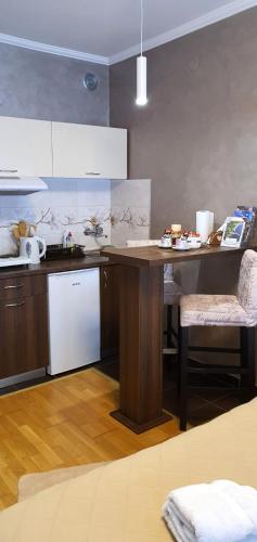 a kitchen with a table and a counter top at Apartman Studio DIAMOND in Subotica