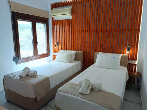 two beds sitting in a room with a window at Salonikiou Beach Apartments in Agios Nikolaos
