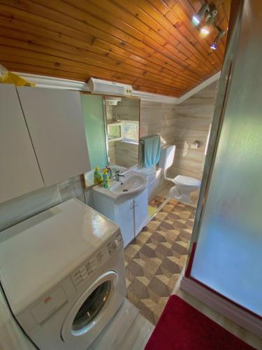 a bathroom with a washing machine and a toilet at Apartman Trebinje in Trebinje