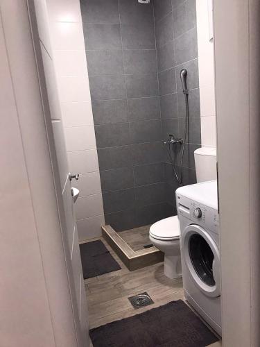 a bathroom with a toilet and a washing machine at Apartments IVI Gevgelija in Gevgelija