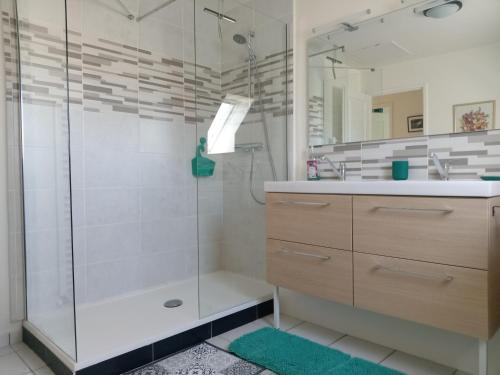 een badkamer met een douche en een wastafel bij Sérénité à la mer in Concarneau