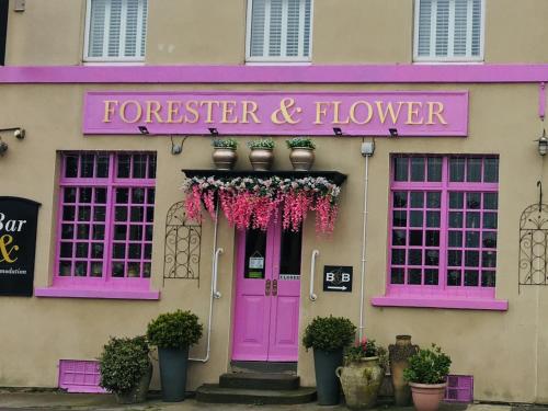 a building with pink doors and flowers on it at The Forester and Flower in Bath