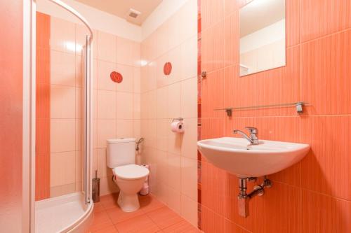 a bathroom with a sink and a toilet and a shower at San Marco - Vinný sklep in Mutěnice