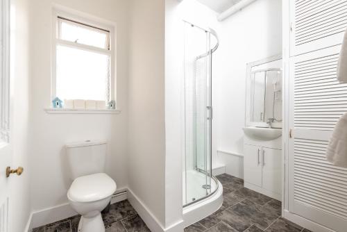 ein Bad mit einem WC und einer Glasdusche in der Unterkunft Market Street Apartment Sleeps 6 in St Andrews