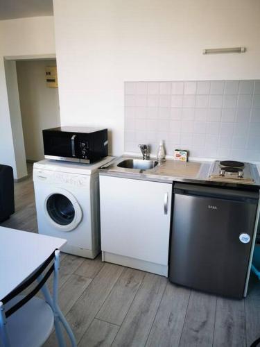 une cuisine avec un évier et une machine à laver dans l'établissement Appartement lumineux 4 personnes, à Saint-Jean-de-Monts