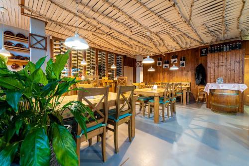 a restaurant with wooden tables and chairs and a plant at Aparthotel Belveder in Tatranská Lomnica