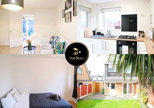 a kitchen and a living room with a bed in a room at Bee Stays - Maliston House in Great Sankey