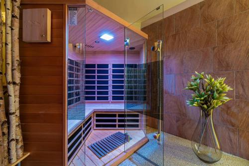 a glass shower in a bathroom with a vase of flowers at Aparthotel Belveder in Tatranská Lomnica
