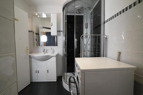 a white bathroom with a sink and a shower at Stylish & Spacious Apartment with Patio in Stams