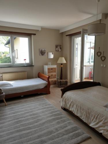 een slaapkamer met 2 bedden en een groot raam bij La Tour de l'Ill in Straatsburg