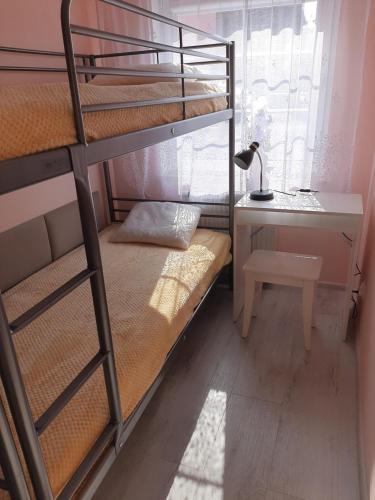 a bedroom with a bunk bed with a desk and a lamp at Apartament nad wodą 2 in Marzęcino