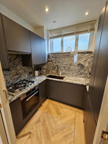 a kitchen with a sink and a stove at Flat 1, Charles Street in London