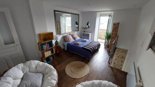 uma sala de estar com uma cama e um sofá em Appartement Duplex avec jardin em Rodez
