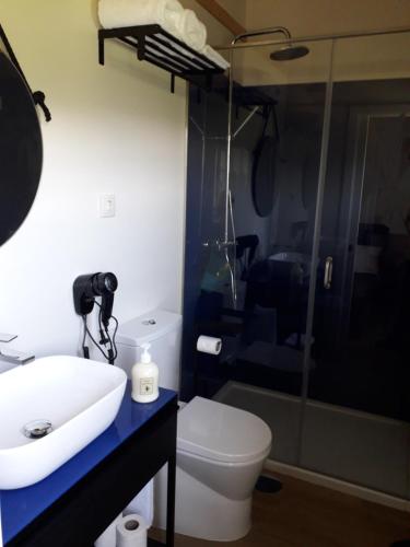 a bathroom with a sink and a toilet and a shower at Quinta de Varzielas - Agroturismo in Castelo de Paiva