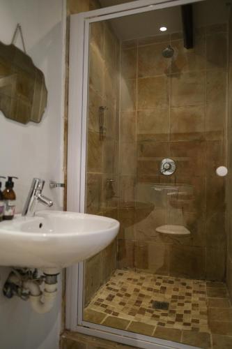 a bathroom with a sink and a shower at Old Potters Inn in Greyton