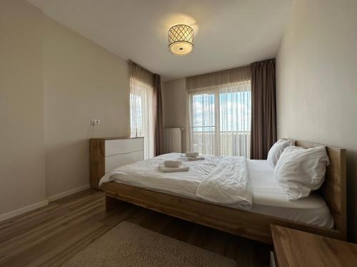 een slaapkamer met een groot bed en een raam bij Grand Park Brown Iulius Mall in Cluj-Napoca