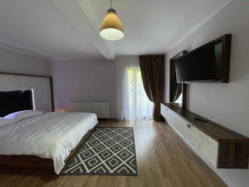 a bedroom with a bed and a flat screen tv at Pensiunea ACASA LA VLADUȚ in Borşa
