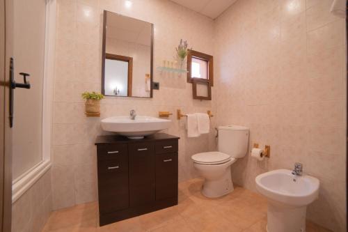 a bathroom with a sink and a toilet and a mirror at Casas Rurales Los Olivos in Alcalá del Júcar