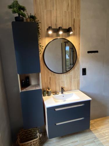 a bathroom with a sink and a mirror at Gospodarstwo Agroturystyczne Zasadkowe Bory in Rogowo