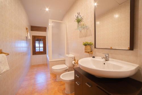 y baño con lavabo, aseo y espejo. en Casas Rurales Los Olivos, en Alcalá del Júcar
