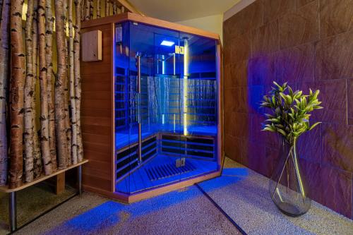 a shower with blue lights in a room with a vase at Bel Hostel in Tatranská Lomnica