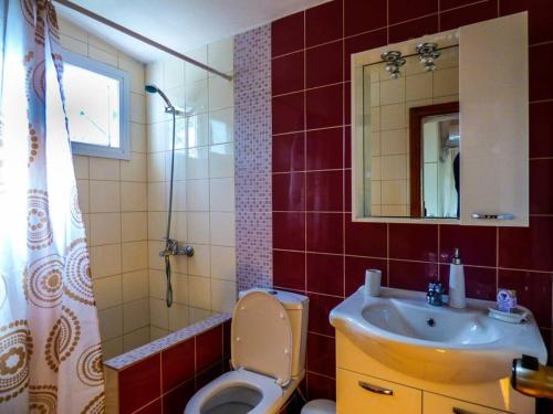 a bathroom with a sink and a toilet and a mirror at Garden house No1 in Plomari