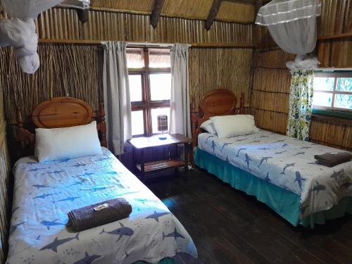 1 dormitorio con 2 camas y ventana en Kosi Bay Casitas, en Manguzi