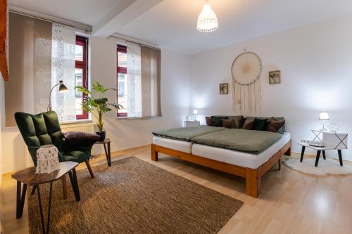 ein Schlafzimmer mit einem Bett, einem Sofa und einem Stuhl in der Unterkunft Naumburger Charme "Schwarzes Gold" in Naumburg