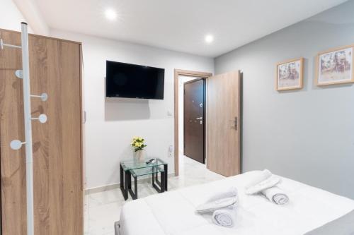 a bedroom with a bed and a tv on the wall at Aiolos plateia apartment nea smyrni in Athens