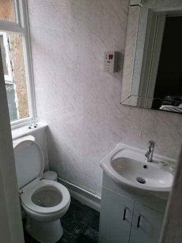 uma casa de banho branca com um WC e um lavatório em The Queens Head em Ashby de la Zouch