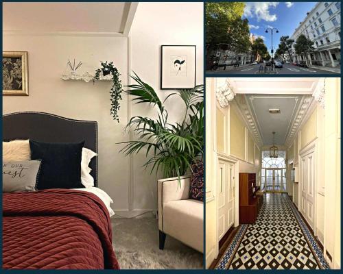 2 fotos de un dormitorio con cama y silla en Palm Studio, en Londres