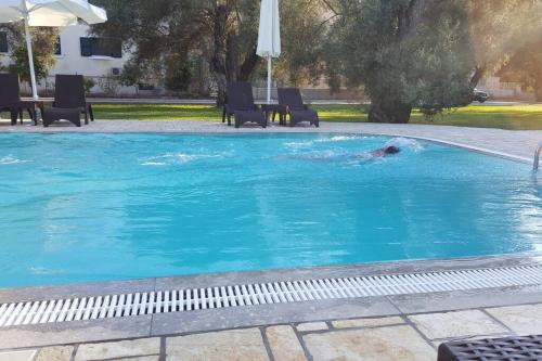 een persoon die zwemt in een groot blauw zwembad bij Villa *Orizontas*/5' from town-sea/Mountain view in Lefkada