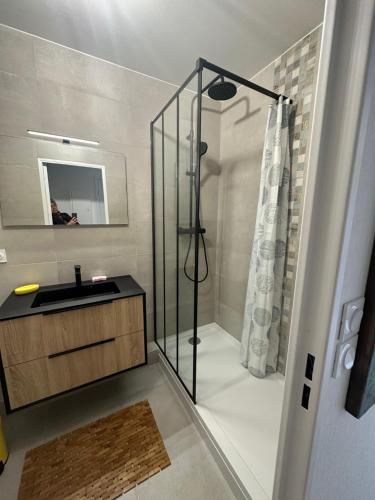 a bathroom with a shower and a sink and a mirror at Les Marines - Belle Vue Mer in Cabourg