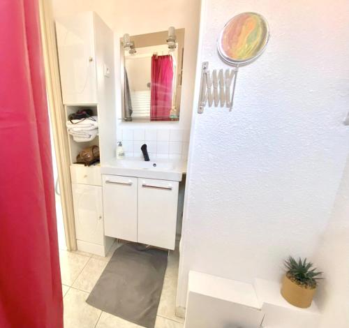 ein kleines Badezimmer mit Waschbecken und Toilette in der Unterkunft Appartement charmant à Saint-Cyprien Plage - 34 m² + Terrasse in Saint Cyprien Plage