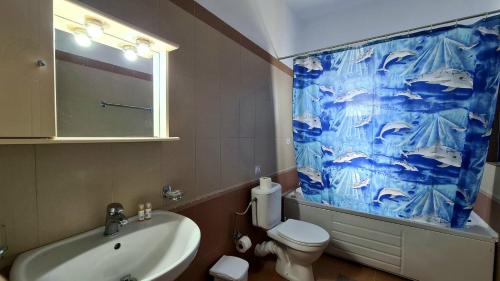 MarantochoriにあるAmarandos Villasのバスルーム(洗面台、トイレ、シャワーカーテン付)
