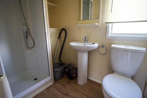 a bathroom with a toilet and a sink and a shower at 8 Berth Spacious Caravan By The Beach In Norfolk Ref 50059g in Great Yarmouth
