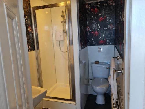 a bathroom with a blue toilet and a shower at Victoria Hotel in Portknockie